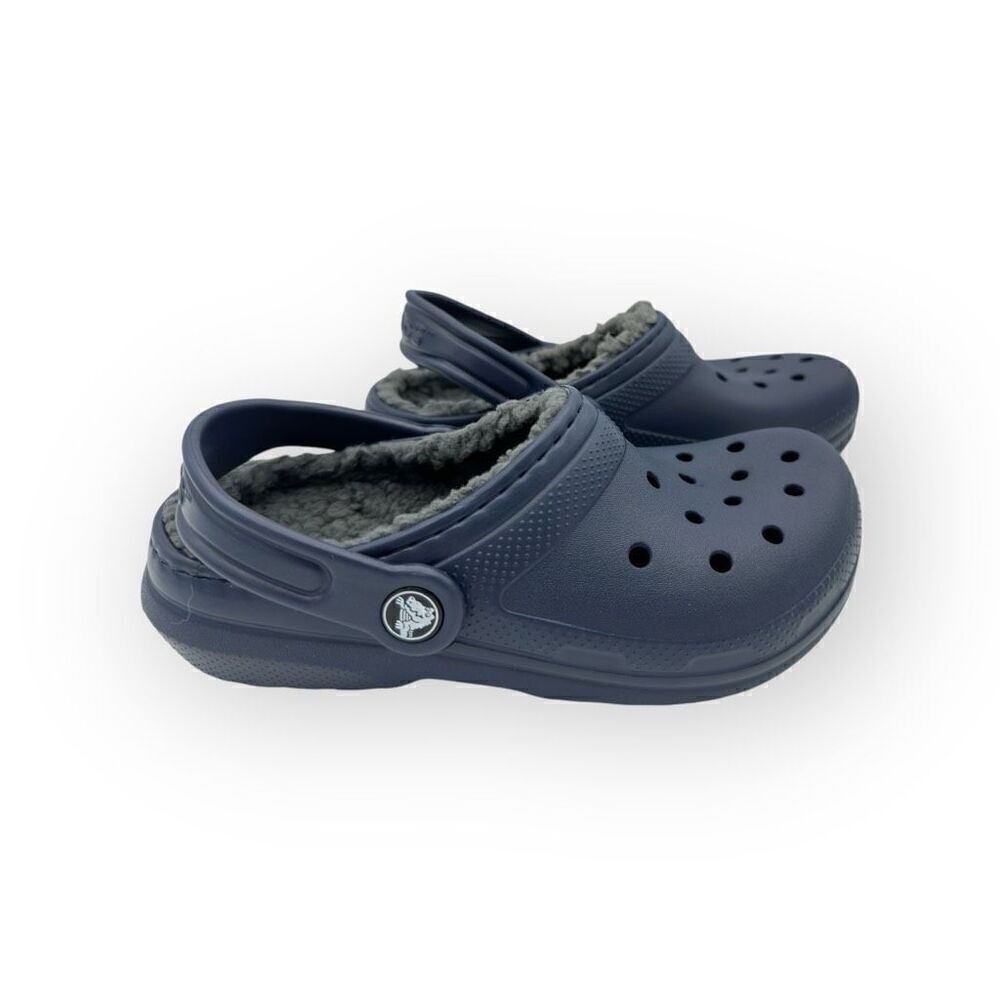 NWOT Crocs Unisex Kids Faux Fur Classic Lined Clog Navy Blue Size J2